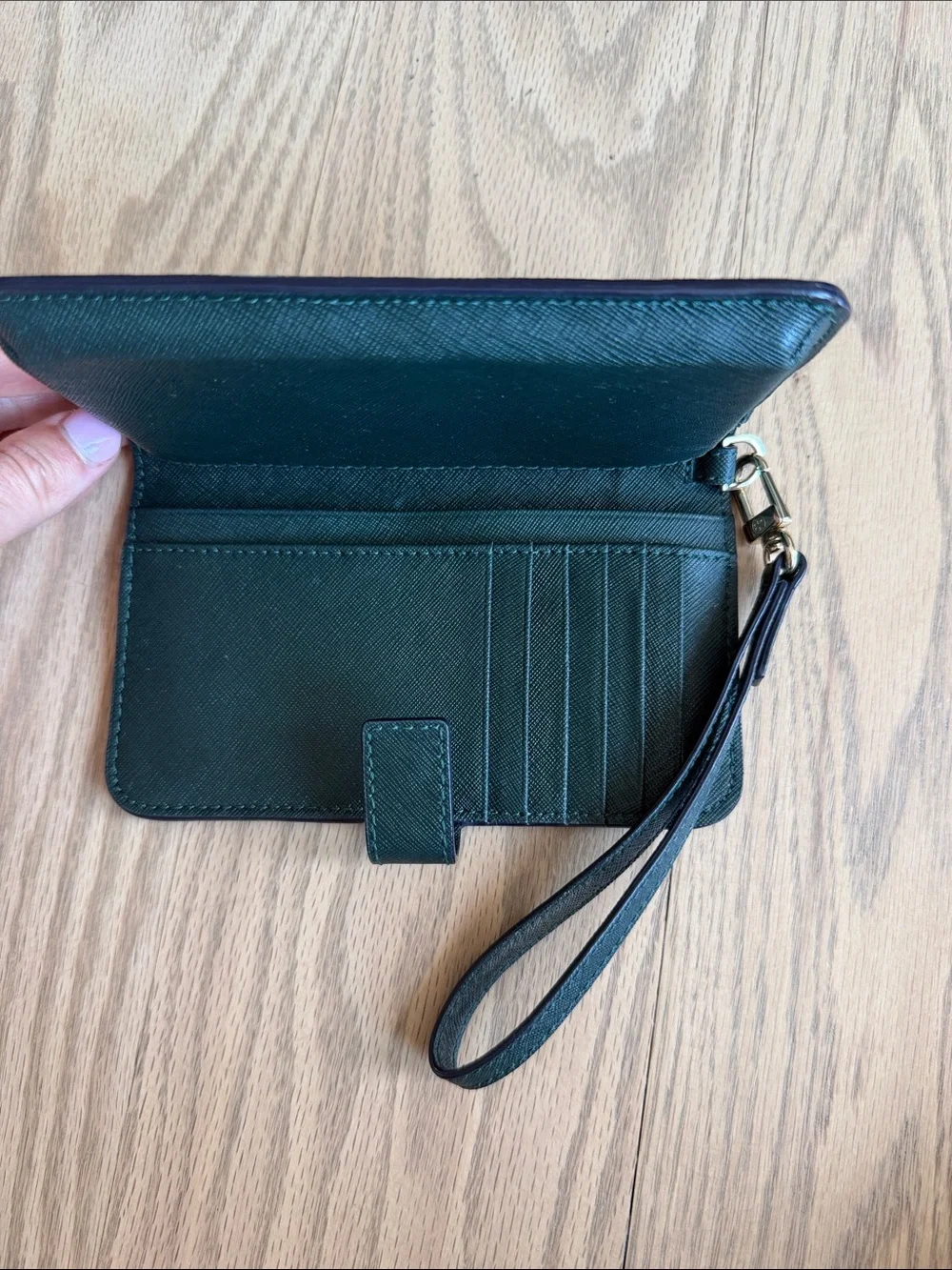 Tory Burch Dark Green Saffiano Wristlet Card Holder with Gold Logo